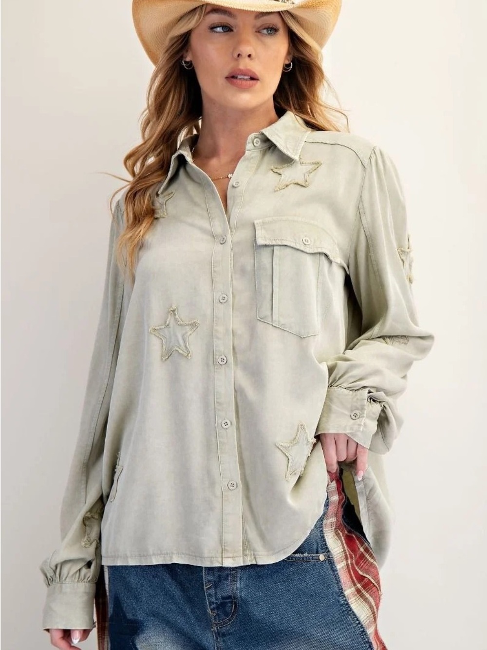 Easel Light Sage Mineral Washed Star Patch Button Down Long Sleeve Shirt
